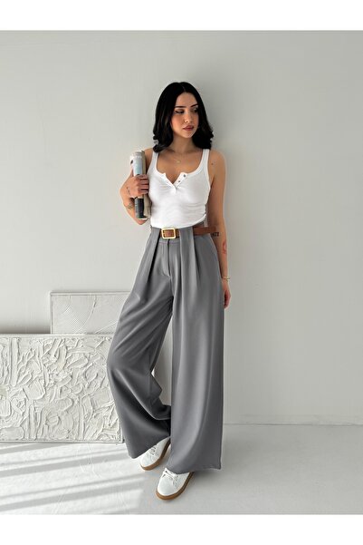 02Lady Fashion Κομψό παντελόνι με πιέτες στη μέση, φαρδιά μπατζάκια και ψηλόμ...