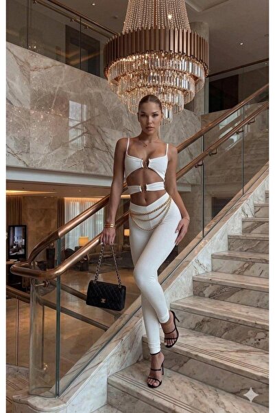 pink life Λευκή Πολυτελής Ολόσωμη Φόρμα με Κοψίματα