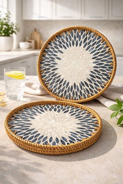 morponi طقم من 2 صينية تقديم مستديرة مصنوعة يدويًا من الخيزران الطبيعي مقاس 3...