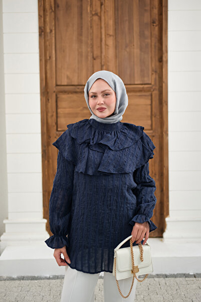 LOCCO Γυναικείο τουνίκ με σχέδιο με γραμμές, με κορδόνι στο λαιμό, σε μπλε να...