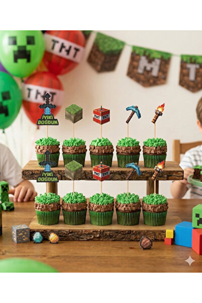 DODOMAR Minecraft Temalı Pasta Kürdan Seti 10'lu Doğum Günü Cupcake Süsleme D...