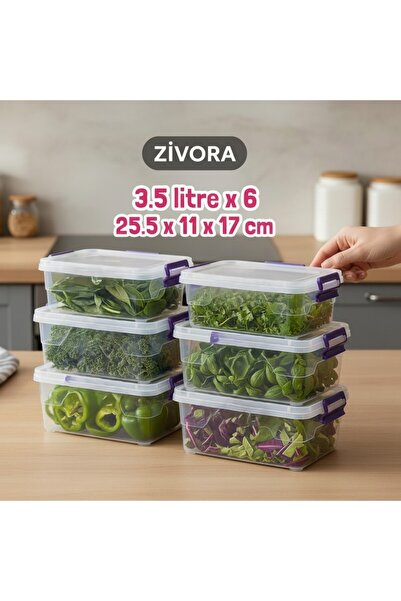 ZİVORA مجموعة من 6 حاويات تخزين أفقية سعة 3.5 لتر (3.5x6) مع أغطية بلاستيكية ...