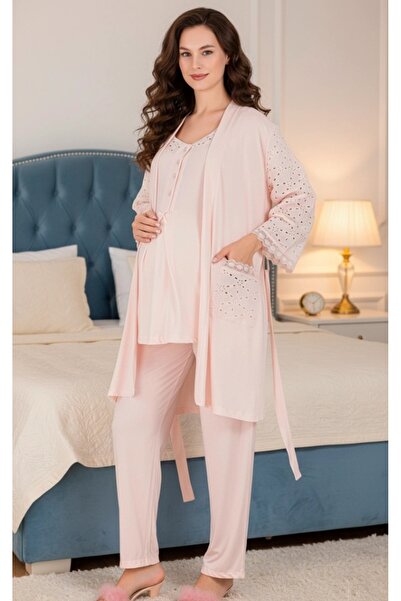 LOHOUSE Kadın Fisto Dantelli 3'Lü Sabahlıklı Lohusa Hamile Pijama Takım Seti