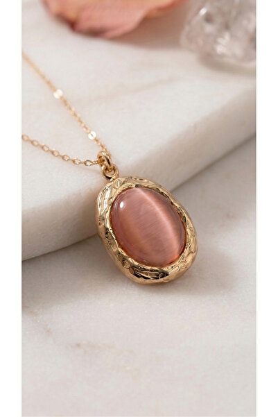Lune Design Minimal Oval Form Pembe Doğal Taşlı Çelik Kadın Kolye