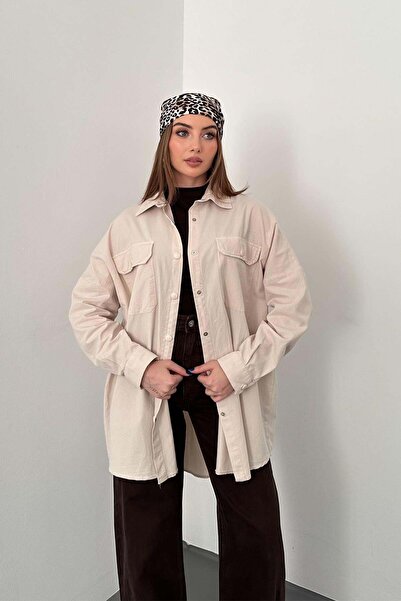 Elbee Fashion Woman Bej Çift Cep Kapaklı Çıtçıtlı Gömlek