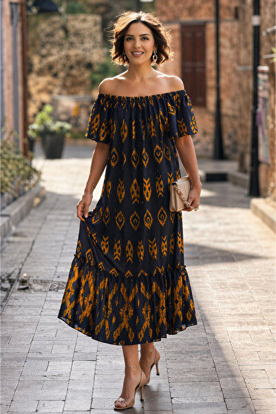 Nevin Kaya Moda V136-Μπλε ναυτικό φόρεμα με μοτίβο Ανατολίας και γιακά Μαντόνα