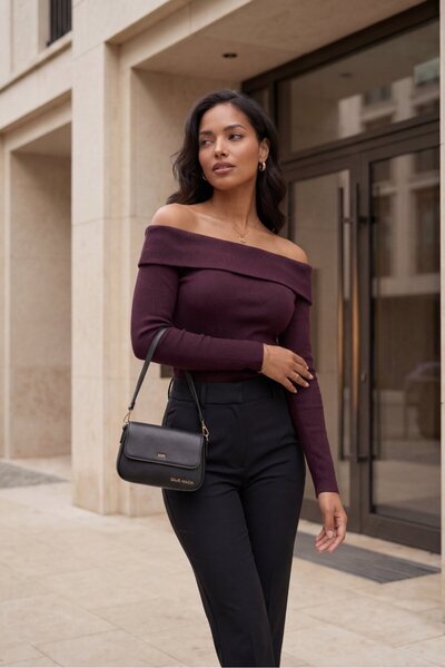 Lavix Burgundy Women's Madonna Collar Camisole Blouse Long Sleeve Fit Flexibl...