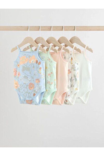 Next Baby Cotton Rope Strap Blue Pink Floral Patterned 5-Piece Bodysuit Set