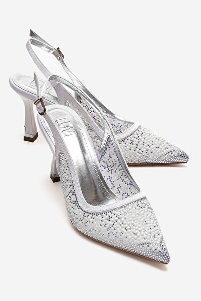 LuviShoes Γυναικεία παπούτσια με τακούνι FREA White Pearl Silver Stone