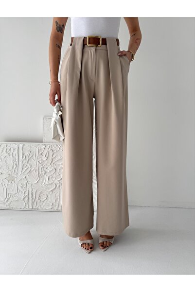 chize Trendy High Waist Pleated Belt Detailed Wide Leg Pants