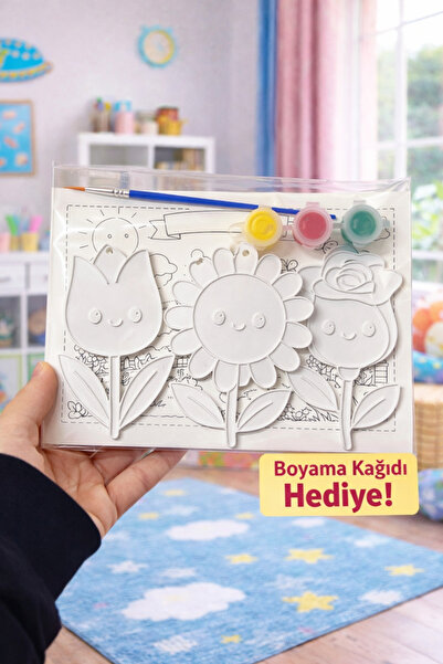 FİORE HEDİYELİK Çiçek Temalı Çocuk Boyama Seti 3D Figür + Boyama Kağıdı Hediy...