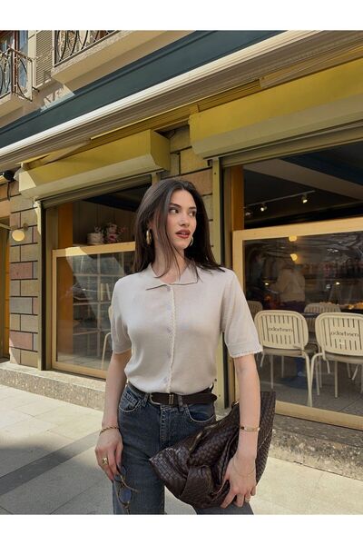 yeditepe fashion Short Sleeve Polo Collar Lace Detail Viscon Knitwear Cardigan