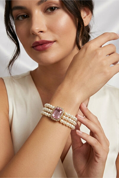 Happyline Glass Pearl Pink Baguette Stone Bracelet Gold Plated Pearl Choker B...