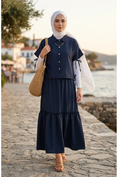 sefamerve Σετ δύο τεμαχίων από ύφασμα Aerobin με δέσιμο 0258-04 Ναυτικό μπλε