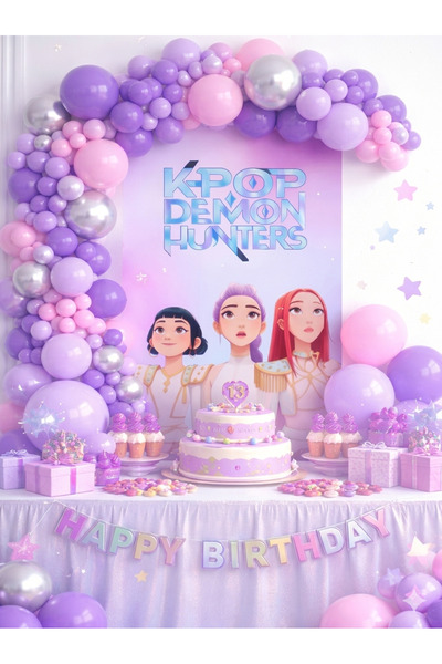 party mix K-Pop Demon Hunters Doğum Günü Balon Zinciri Seti - 65 Parça Mor Pembe Lila Gümüş Balon Seti