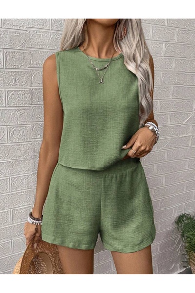 EVOA Γυναικείο λινό σετ σορτς με λαιμόκοψη ποδηλάτου