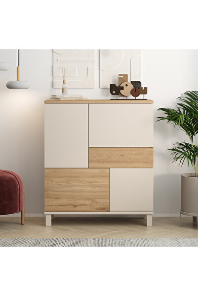 Robin Home Urban Çok Amaçlı Dolap Ahşap Ayaklı 4 Kapaklı Çekmeceli Kumsal-Sepet