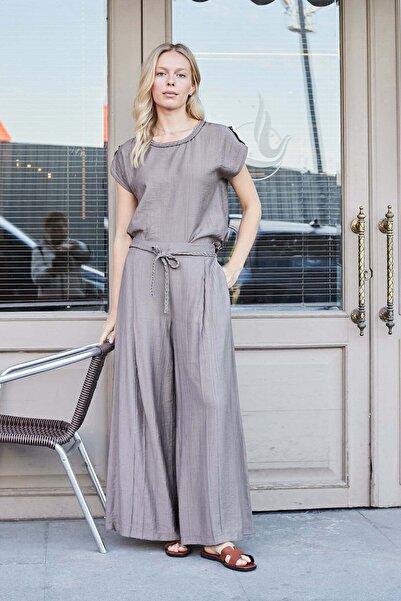 Jument Γυναικείο παντελόνι χωρίς λικράν, με όψη λινό, ψηλόμεσο, με πλαϊνές τσ...