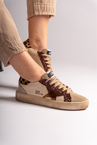 Tesla Shoes Hakiki Deri Yıldız Ve Gold Cam Kırığı Sneaker