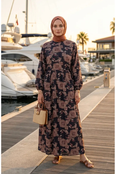 sefamerve Φόρεμα με σχέδιο σάλι και ελαστική μέση 71287-03 Μωβ