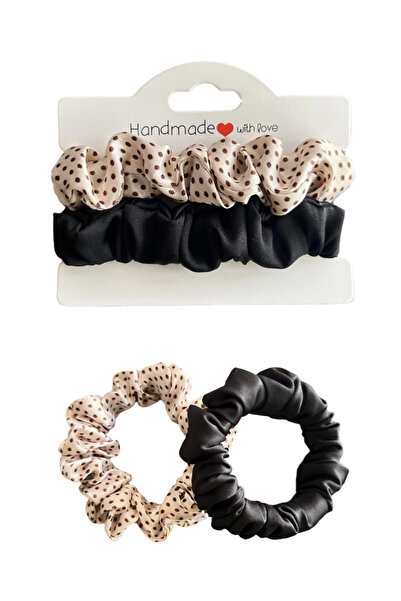 Alma Set 2 scrunchies Handmade din matase satinata - Bej cu buline si Negru