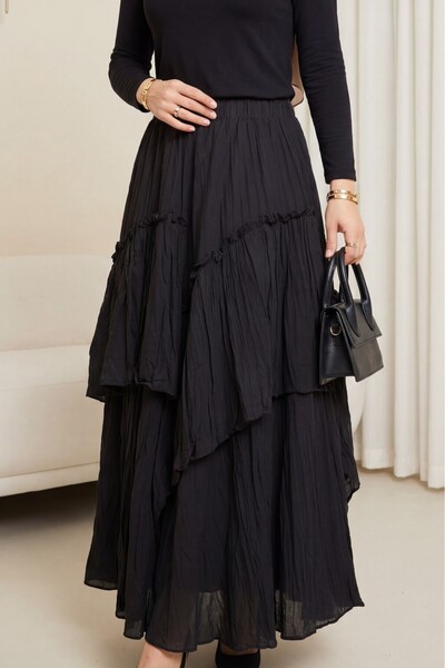 Modamorfo Φούστα από λινό βουάλ με ελαστική μέση - μαύρη