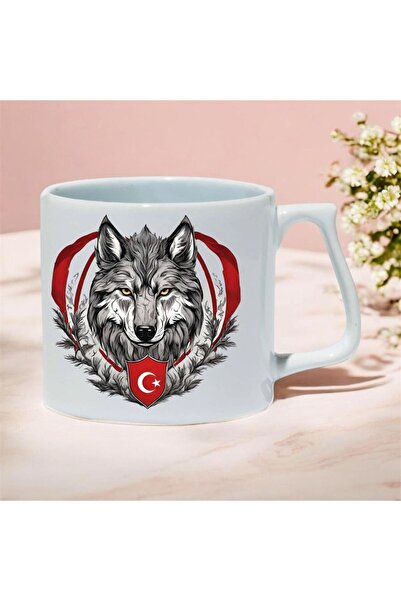 kubdekor Türk Bayraklı Bozkurt Temalı Baskılı Lüks Kupa Bardak Fincan