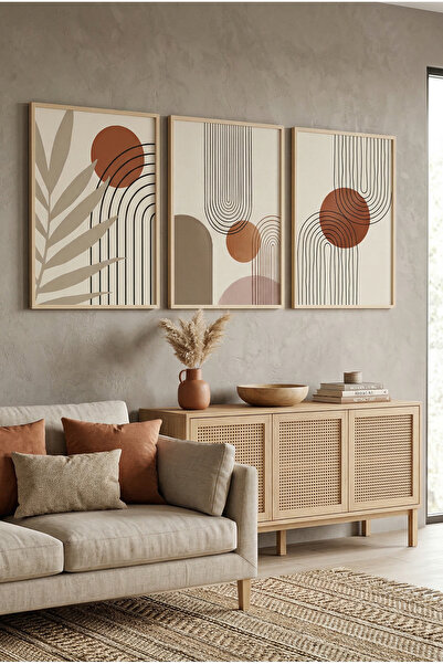 Tuba VİTA Doğal Ahşap Çerçeveli Boho Soyut Duvar Tablosu 3’lü Set Geometrik T...
