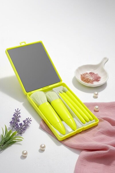 Bereketli Store Σετ πινέλων μακιγιάζ με καθρέφτη 5 τεμαχίων σε κίτρινο φωσφορ...