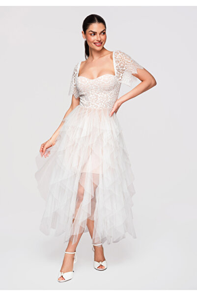 Larica OMBRE Γυναικείο Φόρεμα Μίντι Δαντέλα LA-OM-DLR327 Λευκό