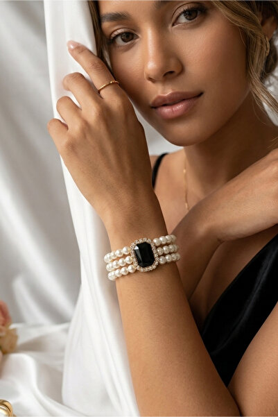 Happyline Pearled Black Baguette Stone Gold Plated Glass Pearl Choker Bracele...