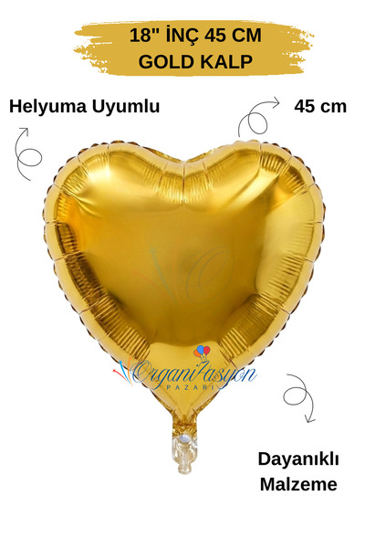 Organizasyon Pazarı 18 Inch 45cm Gold Heart Foil Balloon |   Helium Compatible