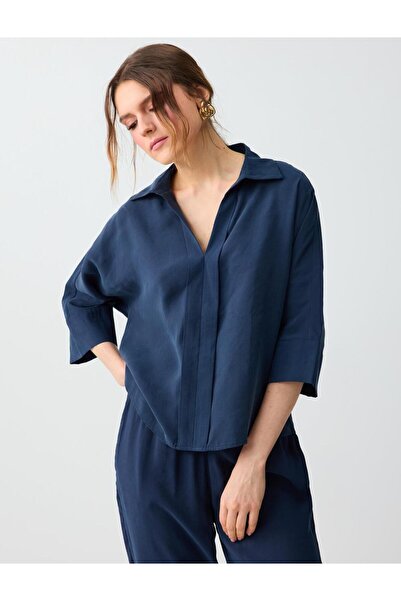 Jimmy Key Μπλούζα με γιακά σε σκούρο μπλε χρώμα, με τρία τέταρτα μανίκια, υφα...