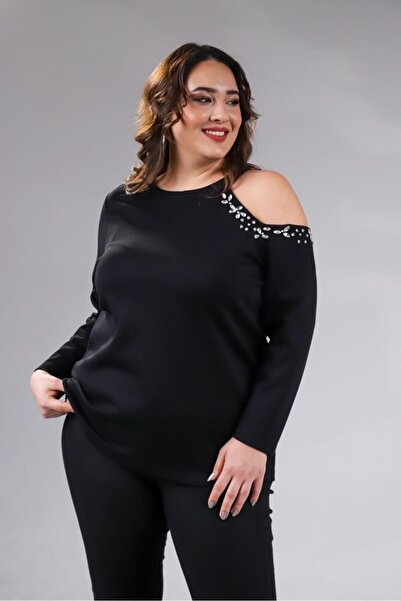 Roxxlen Γυναικεία Μπλούζα Μεγάλου Μεγέθους με Πέτρες στους Ώμους, Μαύρη