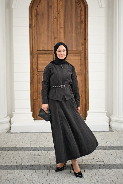 LOCCO Women's Zipper Pocket Detail Belted Skirt Suit Black