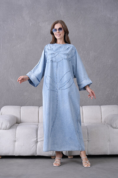 Miss Allos Γυναικείο μακρύ τζιν φόρεμα με φαρδιά γραμμή, με κέντημα στο μπροσ...