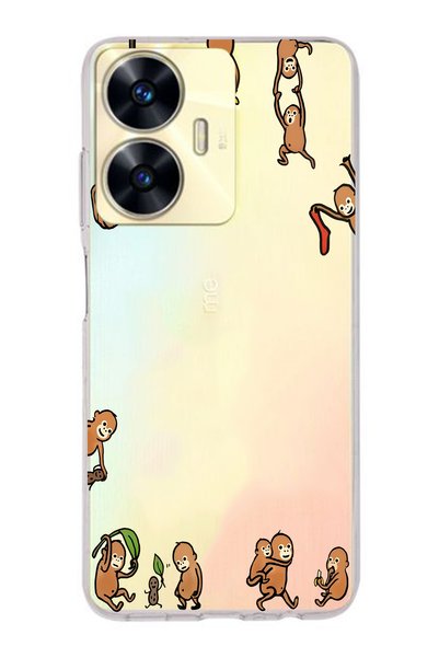 FLAMENKO Realme C55 Compatible Monkeys Patterned Transparent Phone Case