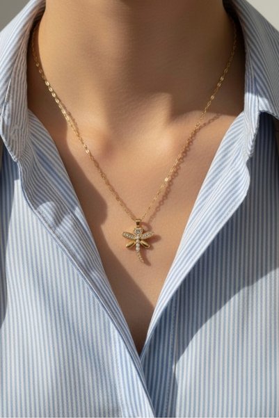 morbella Dragonfly Figured Stone Necklace Gold Stainless Steel Elegant Minimal Women's Necklace