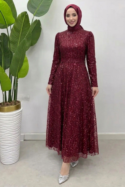 Tesettür Diyarı Κεντημένο Βραδινό Φόρεμα Τεσεττούρ με Ζώνη Kares - Βουργουνδί