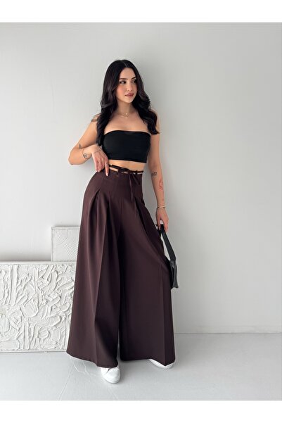 sportiness Ψηλόμεσο παντελόνι παλάτσο με φαρδιά μπατζάκια, κορδόνια και πιέτες