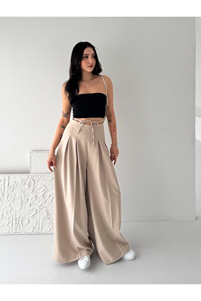 sportiness Ψηλόμεσο παντελόνι παλάτσο με φαρδιά μπατζάκια, κορδόνια και πιέτες