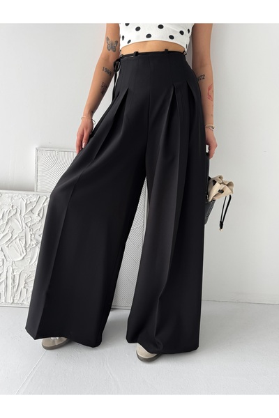 sportiness Ψηλόμεσο παντελόνι παλάτσο με φαρδιά μπατζάκια, κορδόνια και πιέτες