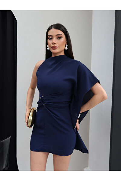 My Blog Μπλε ναυτικό μίνι φόρεμα με λεπτομέρεια από πόρπη και ένα μανίκι - 8265