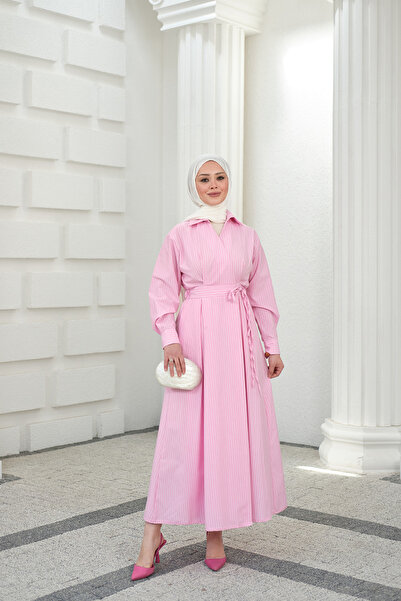 LOCCO Γυναικείο ριγέ φόρεμα με δέσιμο στο πλάι, ροζ