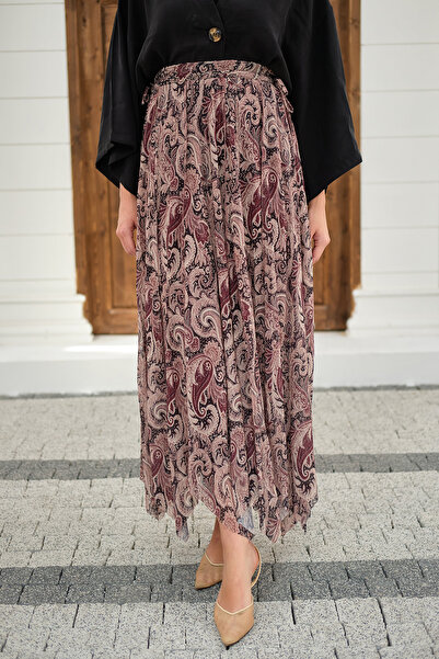 LOCCO Women's Asymmetrical Cut Ethnic Patterned Chiffon Skirt Plum