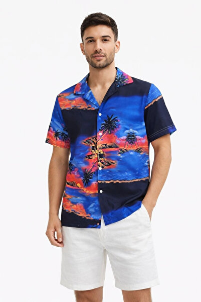 SERERO VOGUE Erkek Tropikal Ada Manzara Desenli Kısa Kol Gömlek Hawaii Tarz Y...