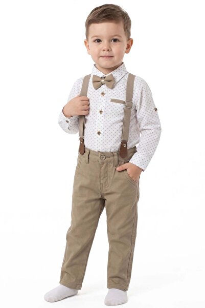 bebegen Boy's White and Brown Square Patterned Shirt with Bow Tie and Suspend...