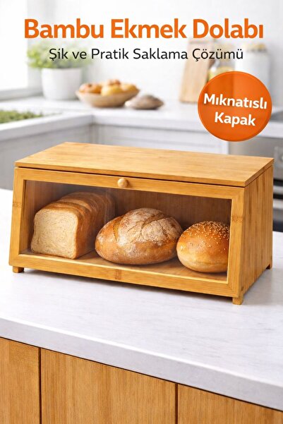 Funny Life Bamboo Bread Cabinet Transparent, Magnetic Lid Bread Storage Box O...