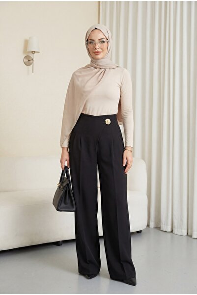 Modamorfo Φαρδύ παντελόνι κρεπ με φερμουάρ στο πλάι, λεπτομέρεια μπρόσας και ...