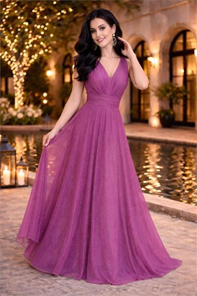 Neşeli Butik Γυναικείο βραδινό φόρεμα από λιλά τούλι με ντραπέ NB2030